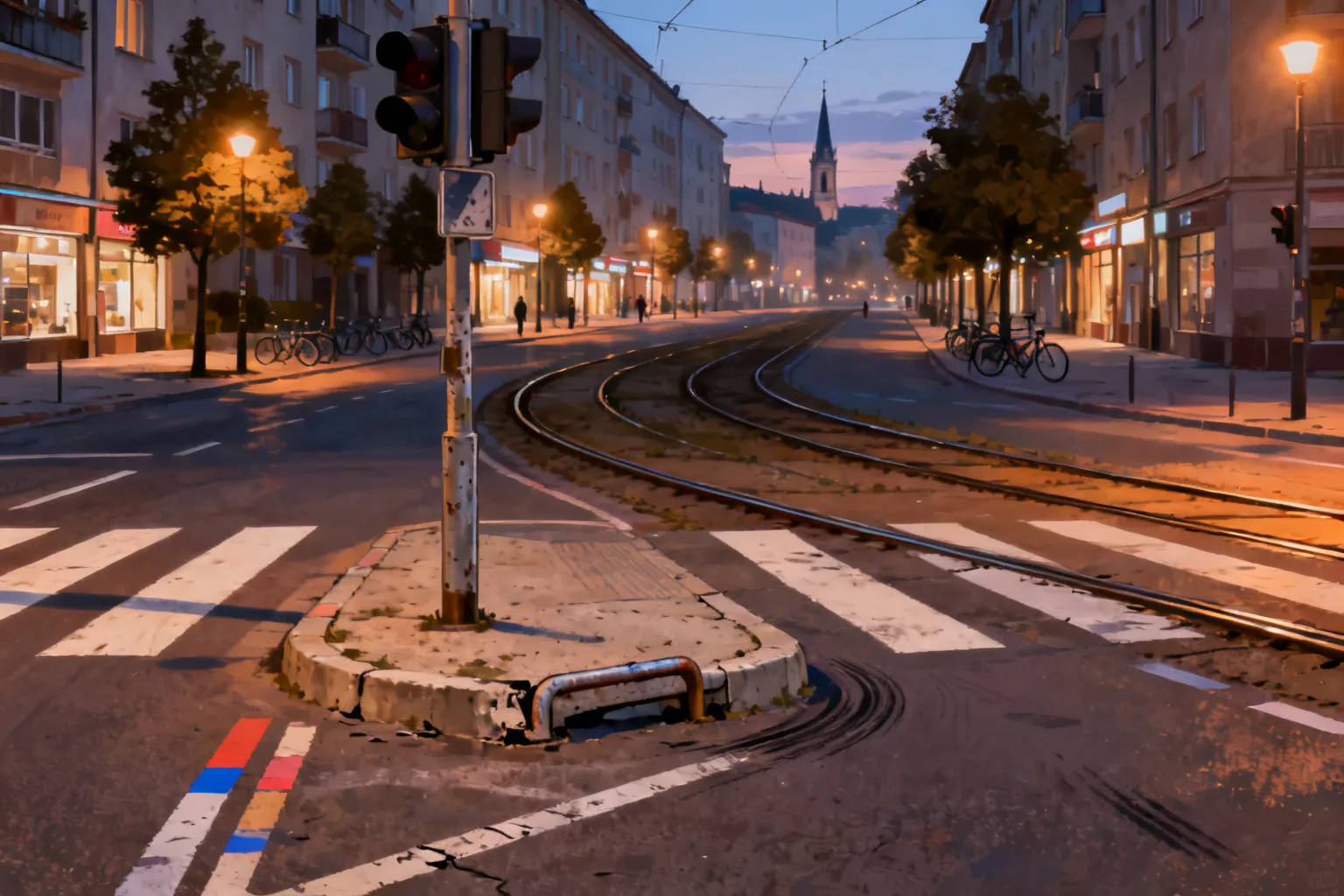 Widok skrzyżowania w Opolu o zmierzchu: przejście, tor tramwajowy, latarnie i zniszczony barierek sugerujące ryzyko.