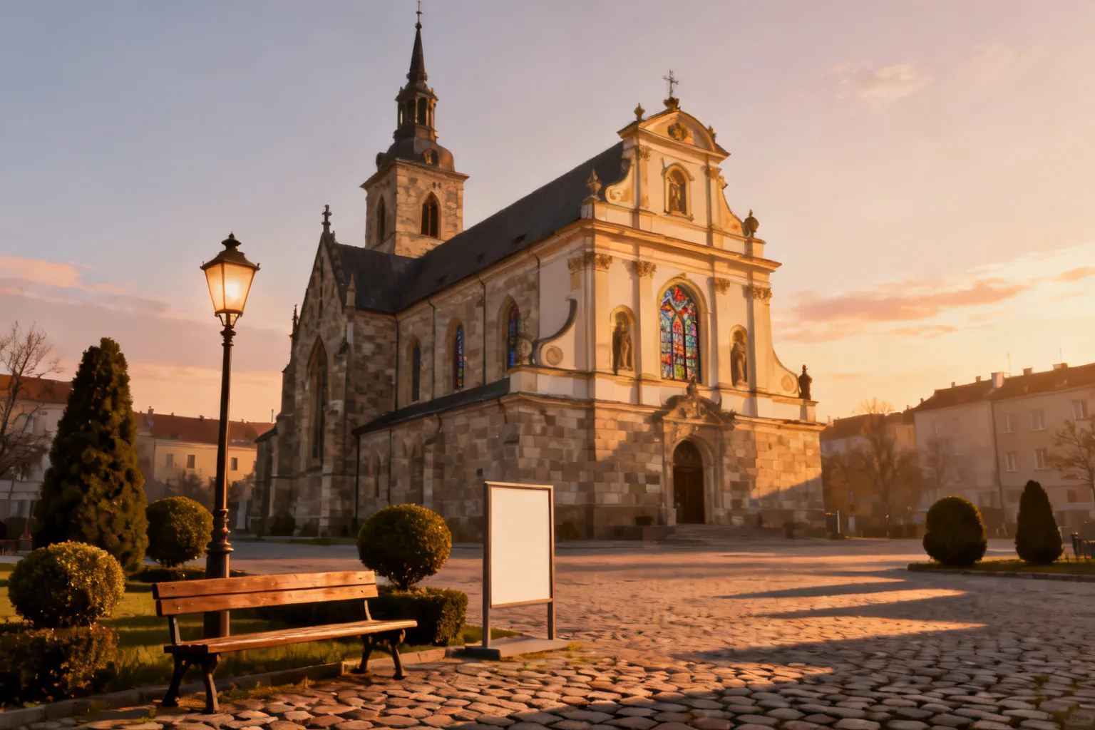 Historyczny kościół w Opolu o kamiennej fasadzie i smukłej wieży, przed nim brukowany plac z ławką i latarnią.