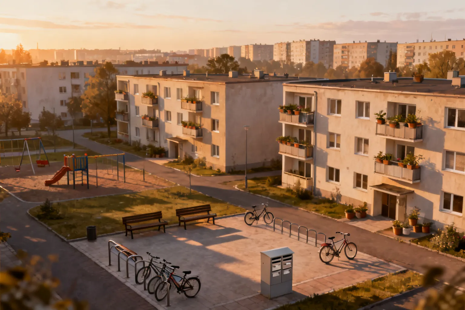 Widok osiedla w Opolu: zadbane wielorodzinne bloki, wspólne podwórko z ławeczkami i stojakiem na rowery, ciepłe światło późnego popołudnia.