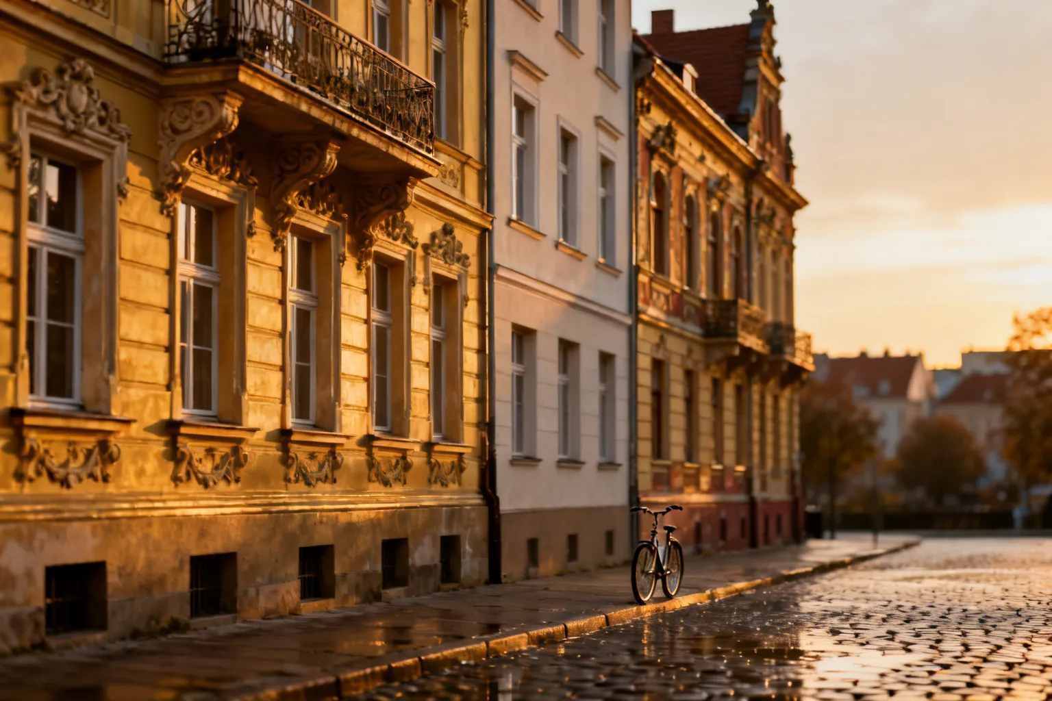Porównanie dwóch sąsiadujących kamienic — skromna opolska i bogato zdobiona wrocławska fasada, detale i mokry bruk o zachodzie słońca.