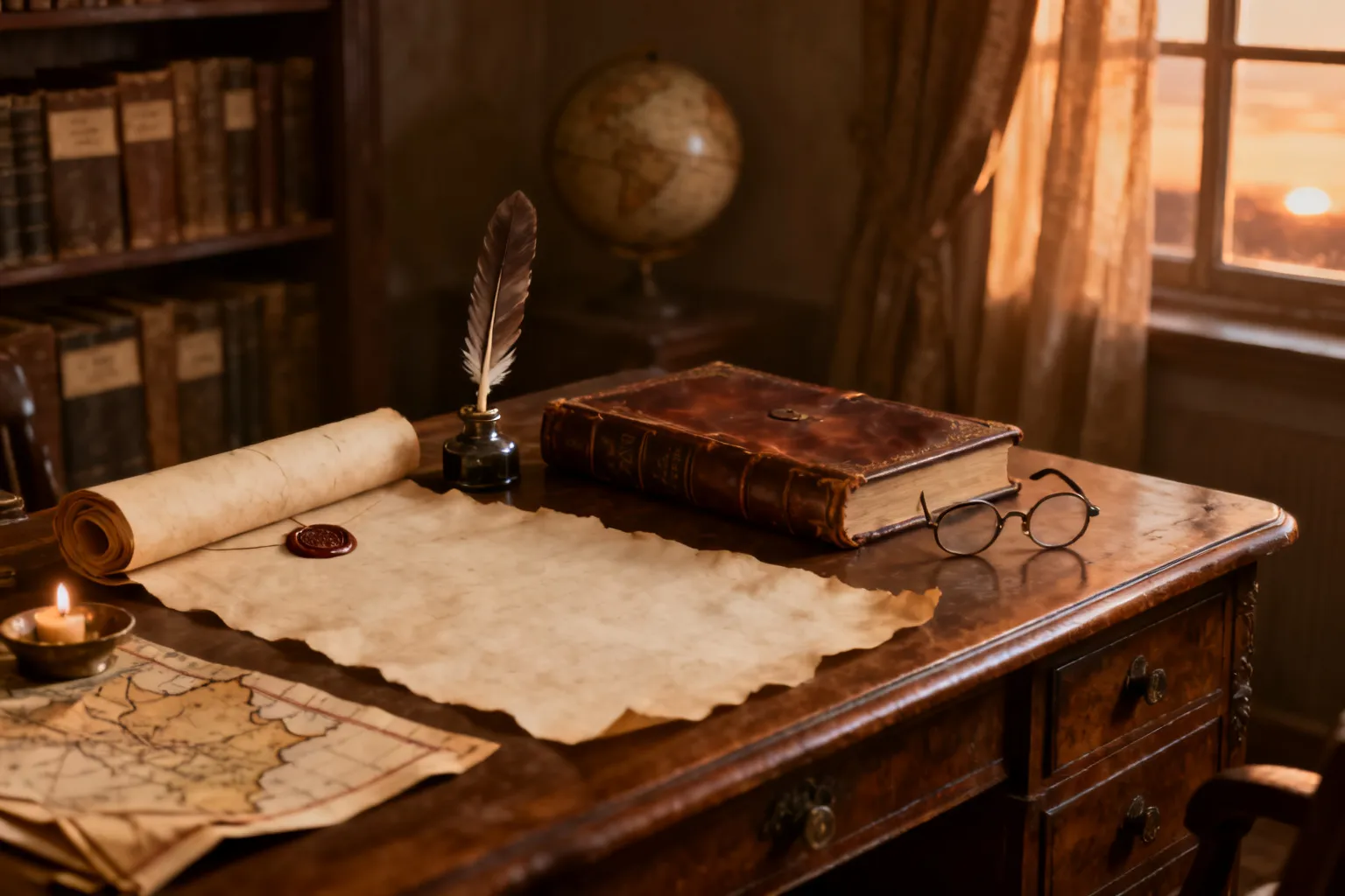 Antyczne biurko z pergaminami, piórem, pieczęcią i zwojem mapy w klimatycznym, sepia studyjnym wnętrzu — kontekst badań nad historią Księstwa Opolskiego.