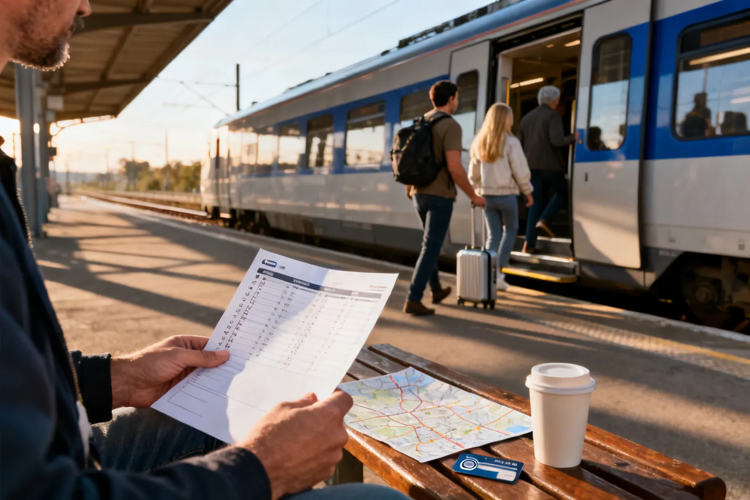 Ręce trzymają puste rozkłady i mapę przystanków na ławce obok karty zbliżeniowej i kubka, w tle otwarty regionalny pociąg.