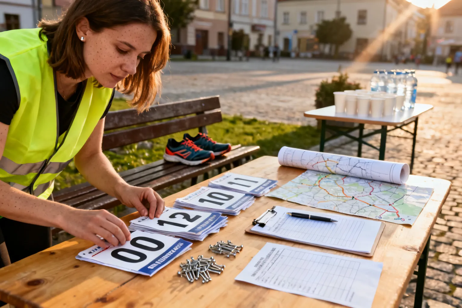 Stolik rejestracyjny przed biegiem w opolskim rynku: formularze, numery startowe i wolontariuszka w kamizelce przygotowująca biby.