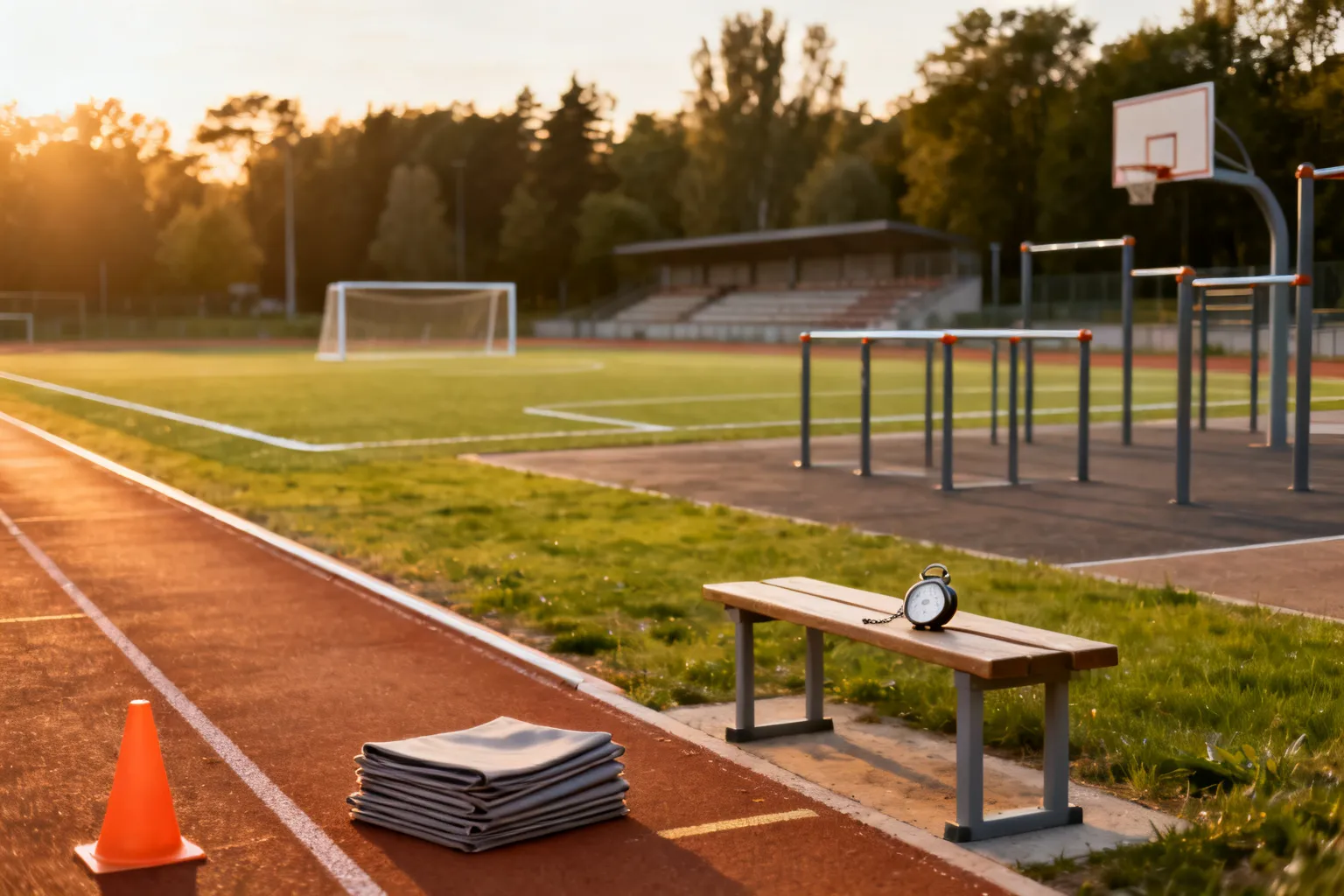 Pusty, zadbany kompleks sportowy w Opolu: zbliżenie toru lekkoatletycznego z konusami i stoperem, widoczna boisko i strefa fitness.