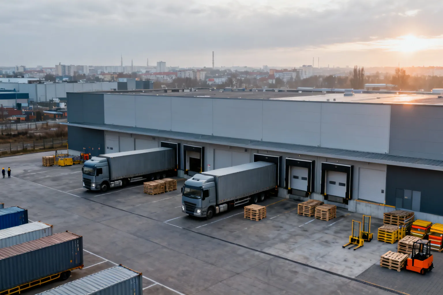 Widok z góry na nowoczesne centrum logistyczne w Opolu: plac załadunkowy, kontenery, ciężarówki i magazyn przy miejskim skyline.