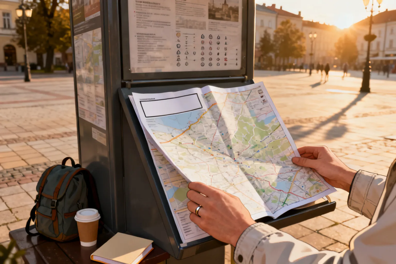 Turyści zmapowują trasę po centrum Opola przy stojaku z rozłożoną mapą, poranny, spokojny rynek w tle.