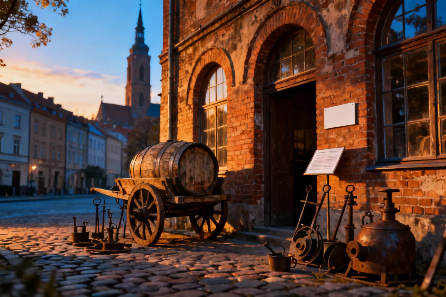 Historyczna fasada browaru w Opolu z beczkowym wózkiem i narzędziami na brukowanym podwórzu, wieża kościoła w tle.
