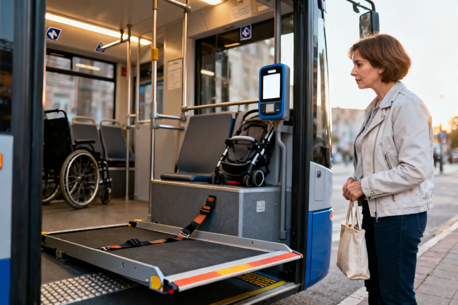 Wnętrze niskopodłogowego autobusu z rozłożoną rampą dla wózków, miejscem z pasem do przypięcia i wyraźnymi miejscami pierwszeństwa; kobieta stoi obok.