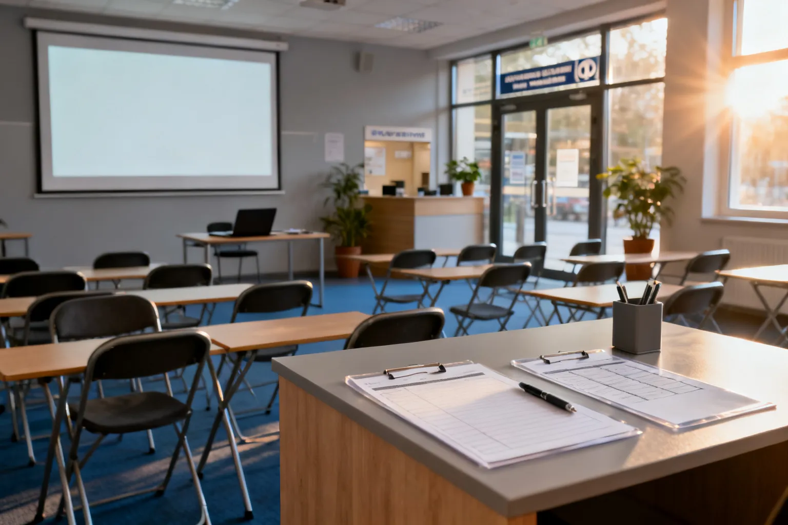 Jasne, profesjonalne wnętrze centrum szkoleniowego w Opolu: recepcja z uporządkowanym biurkiem i formularzami, rzędy krzeseł, ekran projekcyjny i przeszklone we