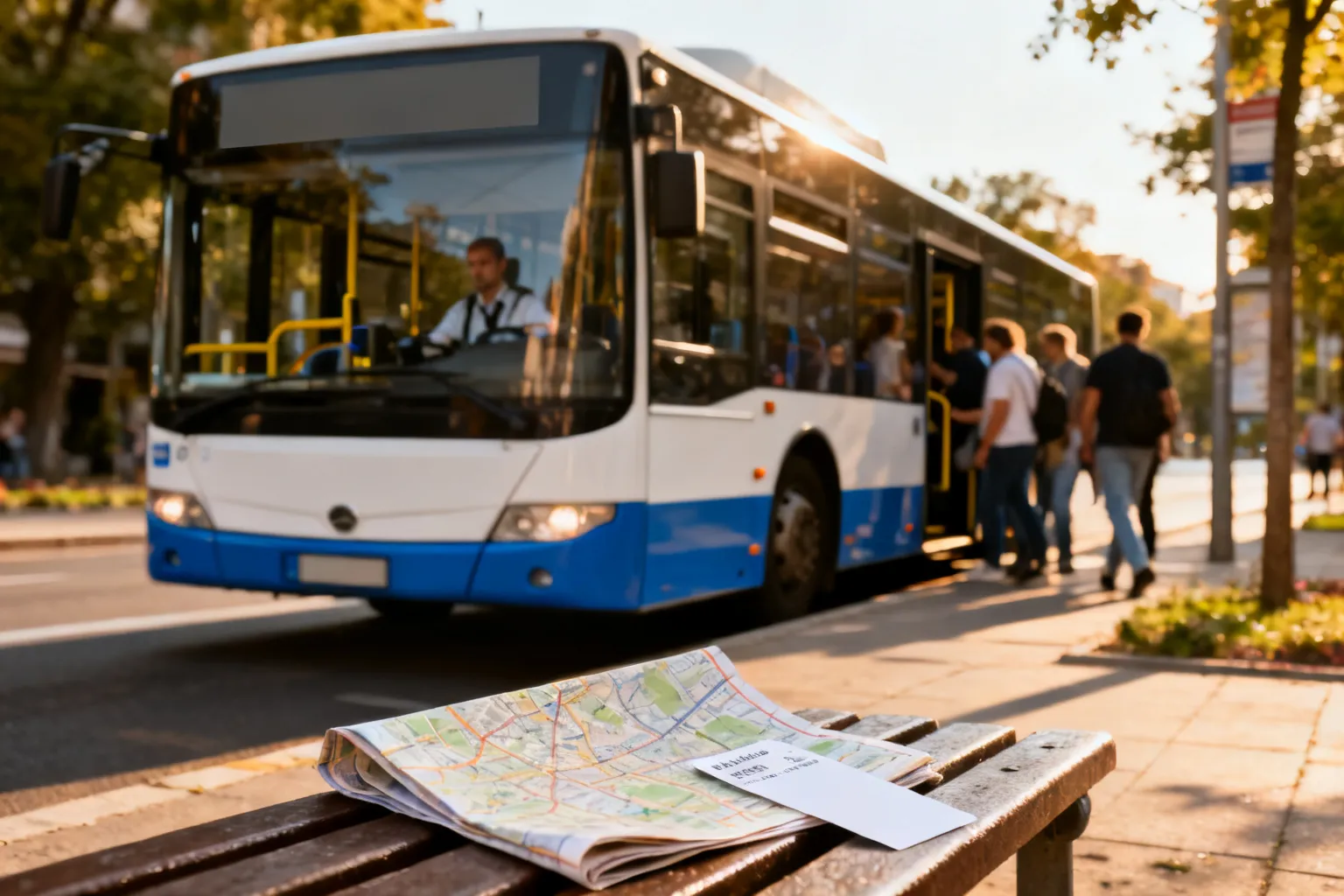 Miejski autobus przy przystanku w Opolu, pasażerowie wsiadają, mapa na ławce sugeruje planowanie tras.