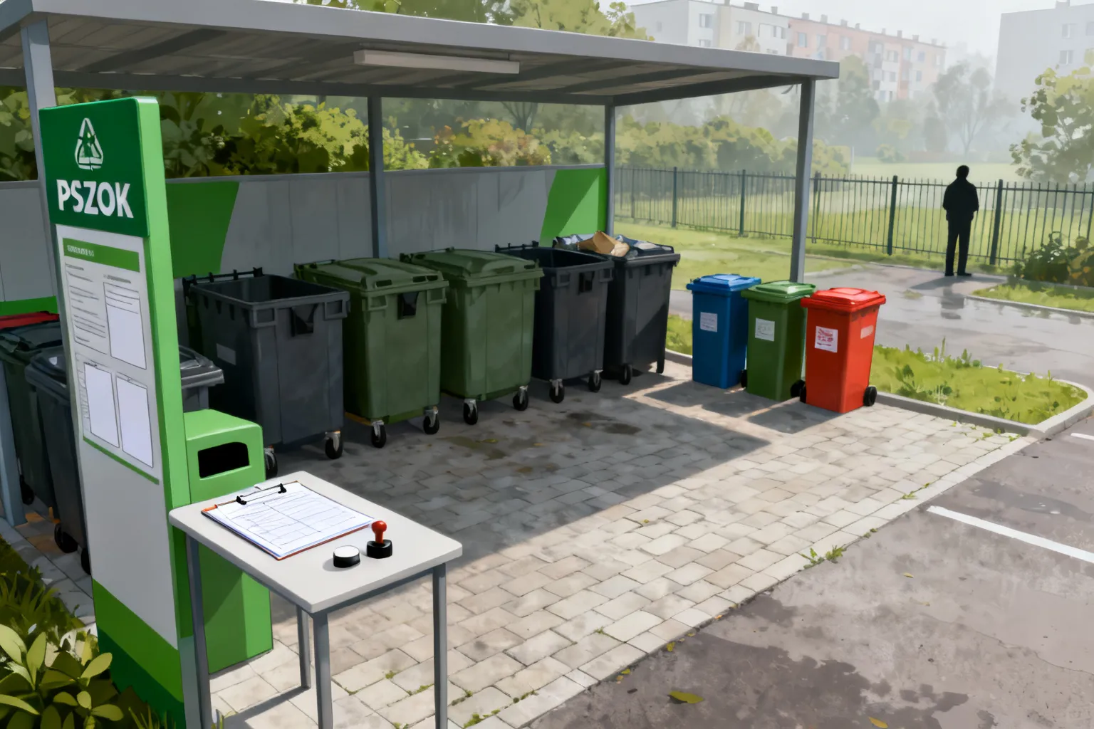 Widok na uporządkowany punkt PSZOK z pojemnikami na szkło, papier, metal i odpady niebezpieczne oraz kiosk informacyjny; w tle blokowisko i zieleń.