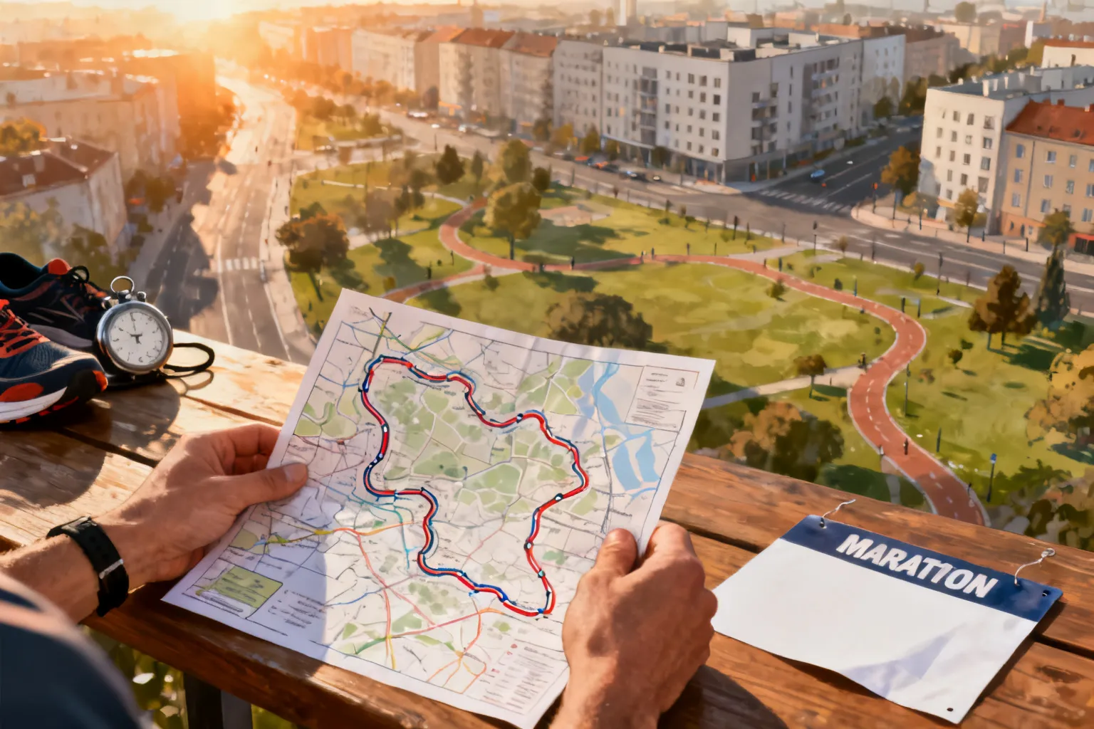 Mapa trasy Maratonu Opolskiego na stole z numerem startowym i stoperem, fragment miasta i parków w tle.