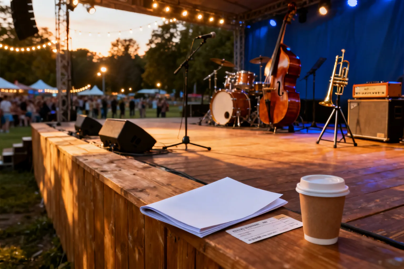Program festiwalu i poranna kawa na barierce przed pustą sceną jazzową w opolskim parku o złotej godzinie, gotową do koncertu.
