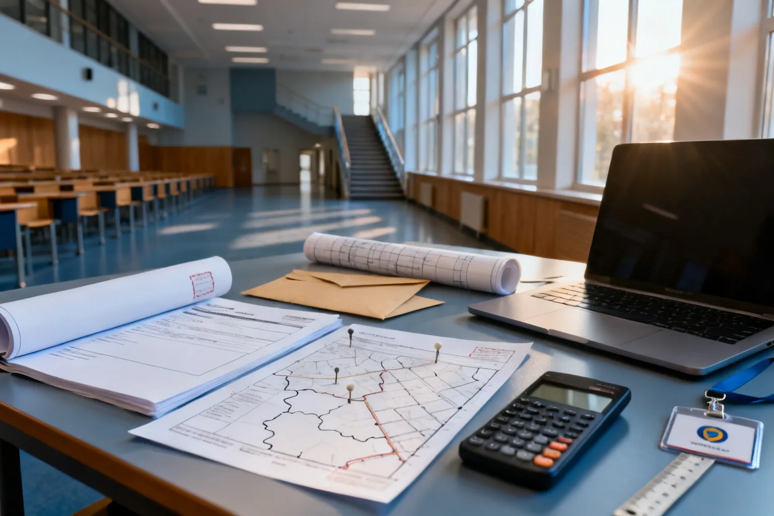 Biurko rekrutacyjne Politechniki: formularze, kalkulator, laptop i plan kampusu sugerujące proces zapisów i kierunki studiów.
