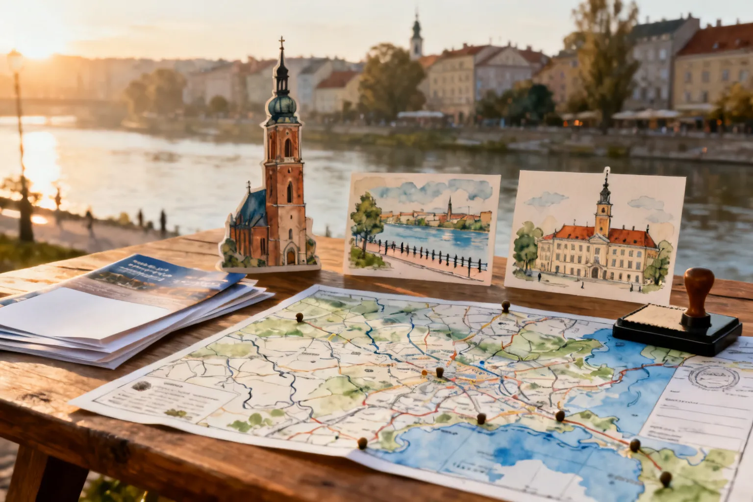 Ilustrowana mapa Opola z rysunkowymi szkicami katedry, promenady nad Odrą i ratusza, przypięta na drewnianym stole przy porannym świetle.