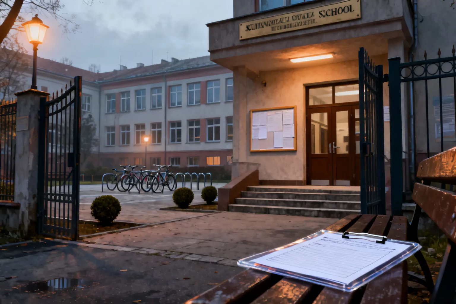 Wejście do miejscowego liceum w Opolu: brama, puste tablice ogłoszeń i uporządkowane podwórko z stojakami na rowery.