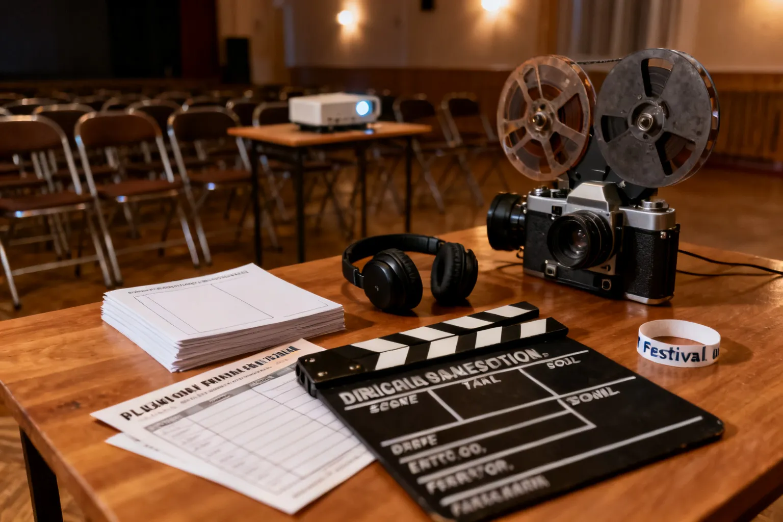 Klimatyczna scena festiwalu filmowego: starej kamery, klaśnięcia reżyserskiego i broszur na stoliku w sali z rzędami krzeseł.