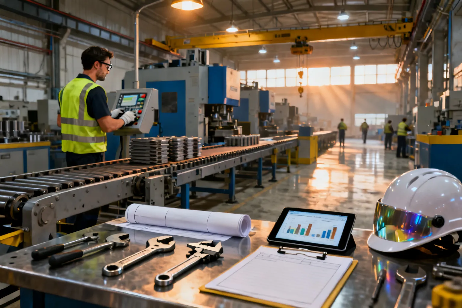 Wnętrze hali produkcyjnej w Opolu: zbliżenie na stół z narzędziami i kaskiem, taśma montażowa i technik w kamizelce.