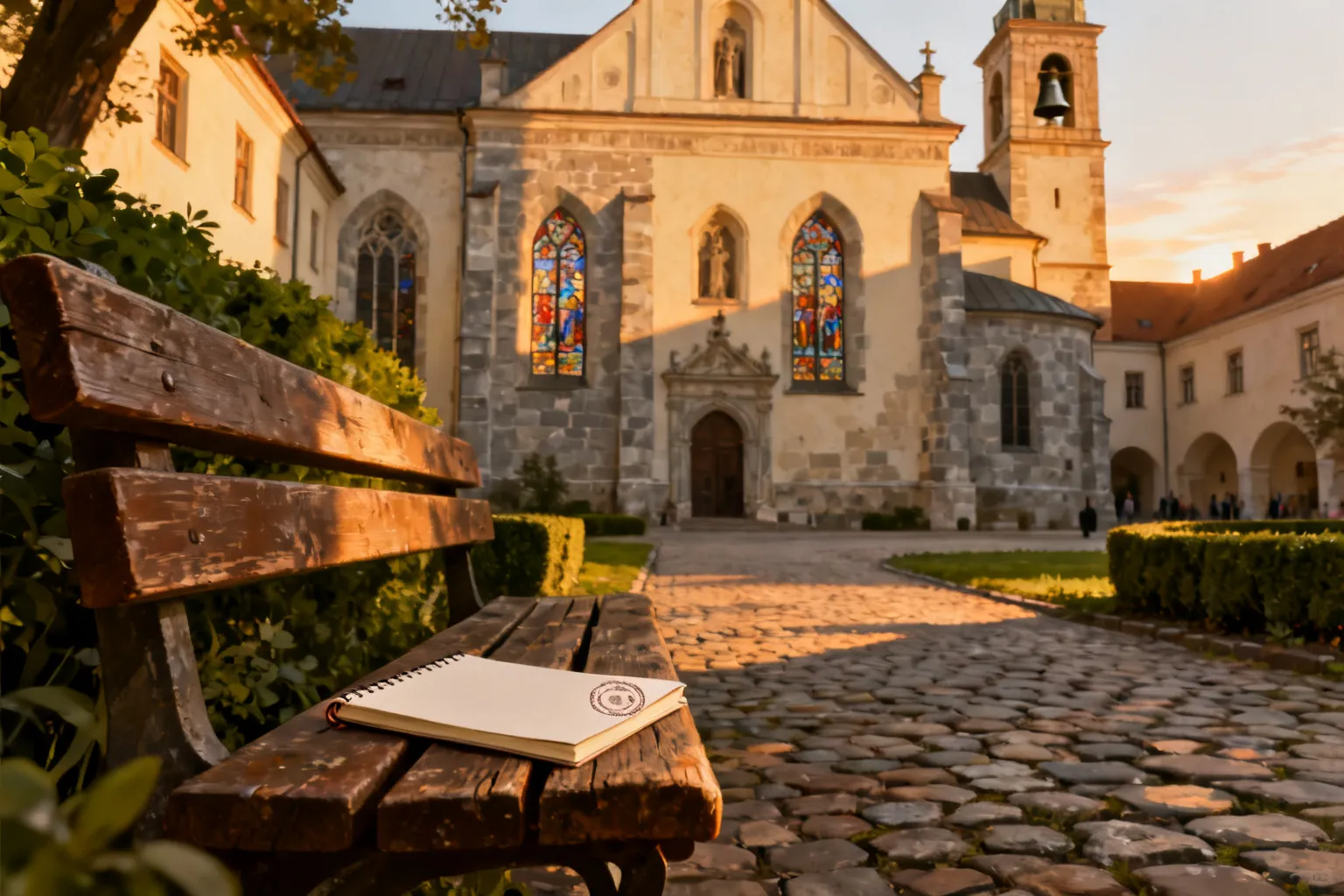 Dziedziniec klasztoru Franciszkanów w Opolu o złotej godzinie; ławka z notesem i pieczęcią sugeruje badania historyczne przy zabytkowej fasadzie kościoła.