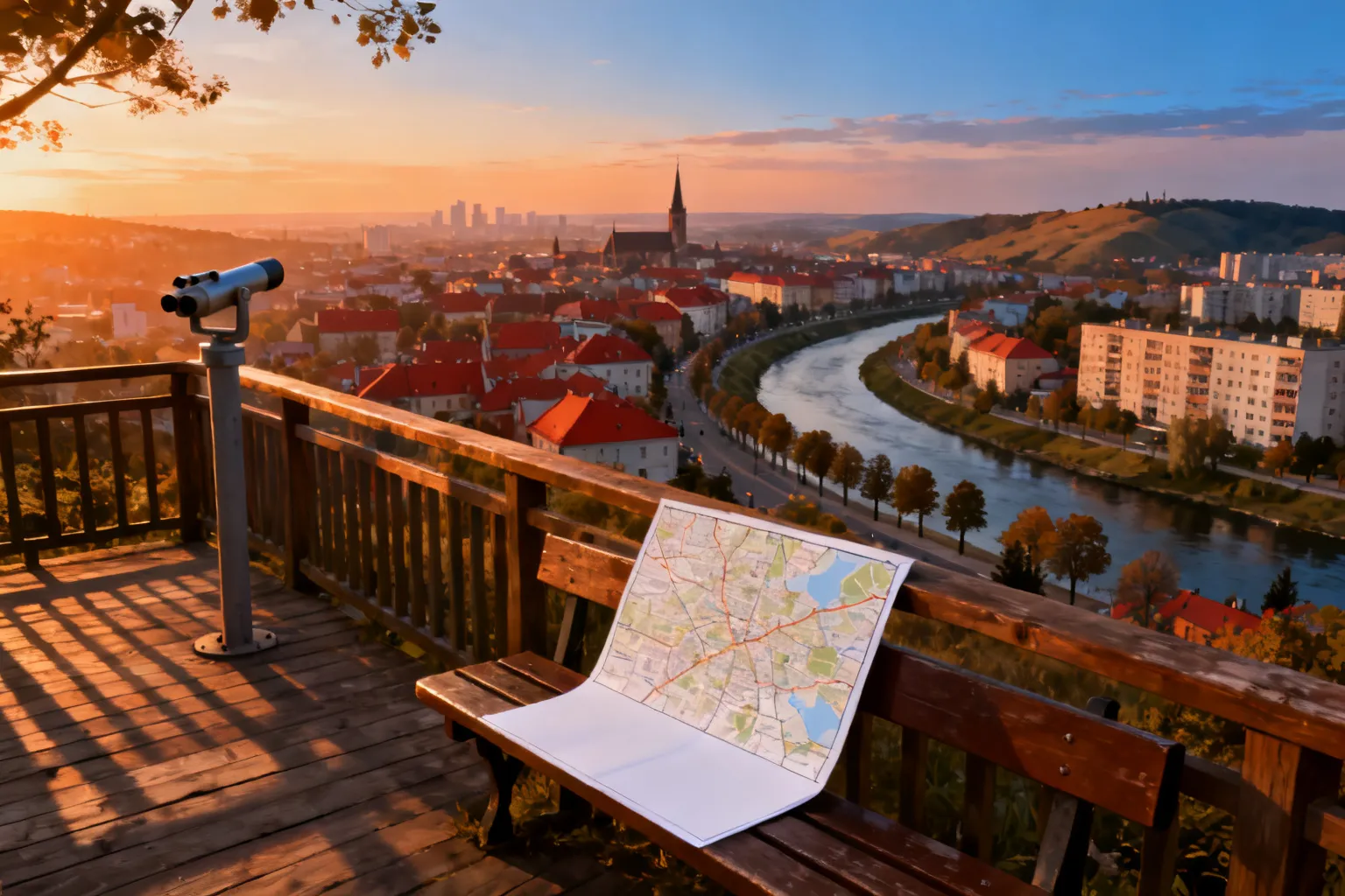 Drewniany taras widokowy o zachodzie z lornetką i mapą, panorama Opola z rzeką, czerwonymi dachami i sylwetką wieży kościelnej