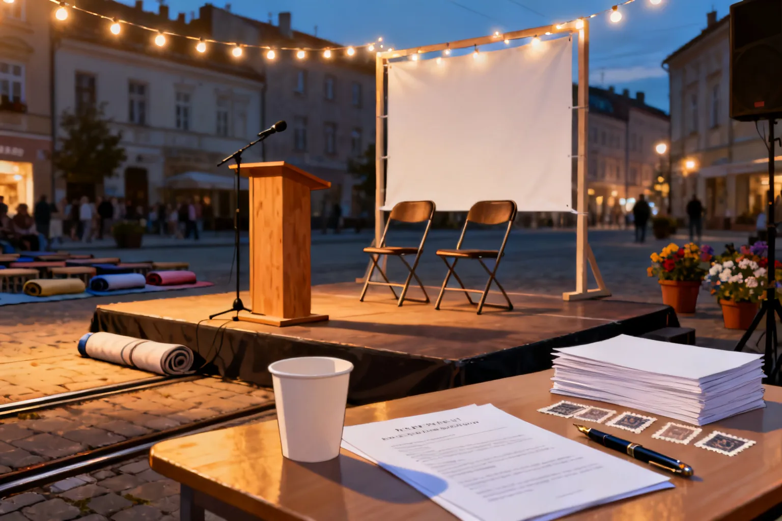 Pusty wieczorny namiot literacki na opolskim placu: podium z mikrofonem, stół z programami i długopisem, zapalone lampki.