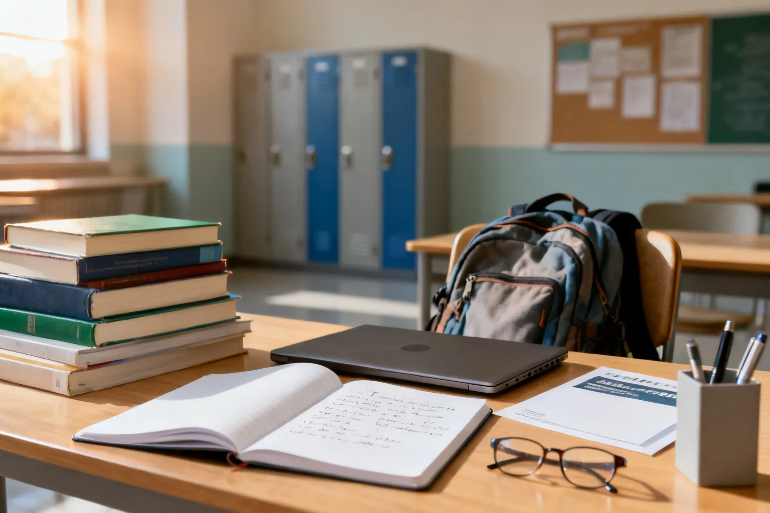 Porządek na biurku studenta: otwarty notatnik, stos podręczników, laptop i ulotka kierunków, plecaki przy krześle — zaproszenie do wyboru studiów.
