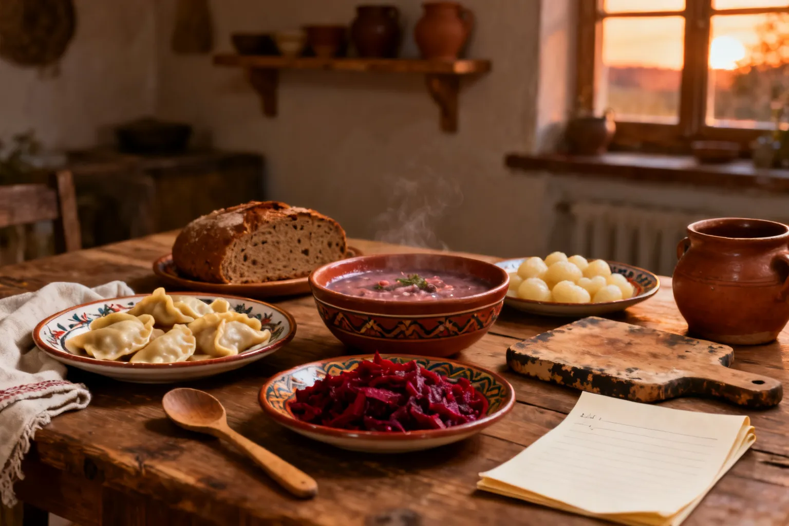 Rustykalny stół z opolskimi potrawami: pierogi, żurek, kluski, sałatka z buraków i bochenek żytniego chleba.