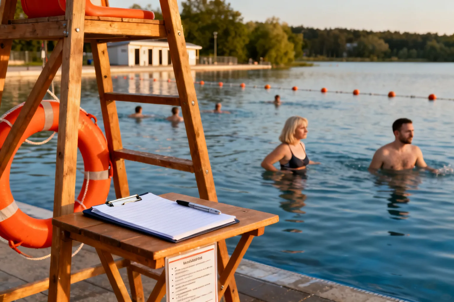 Drewniane stanowisko ratownika z kołem ratunkowym i pustym notesem; w tle spokojni kąpiący się ludzie i wydzielona strefa.