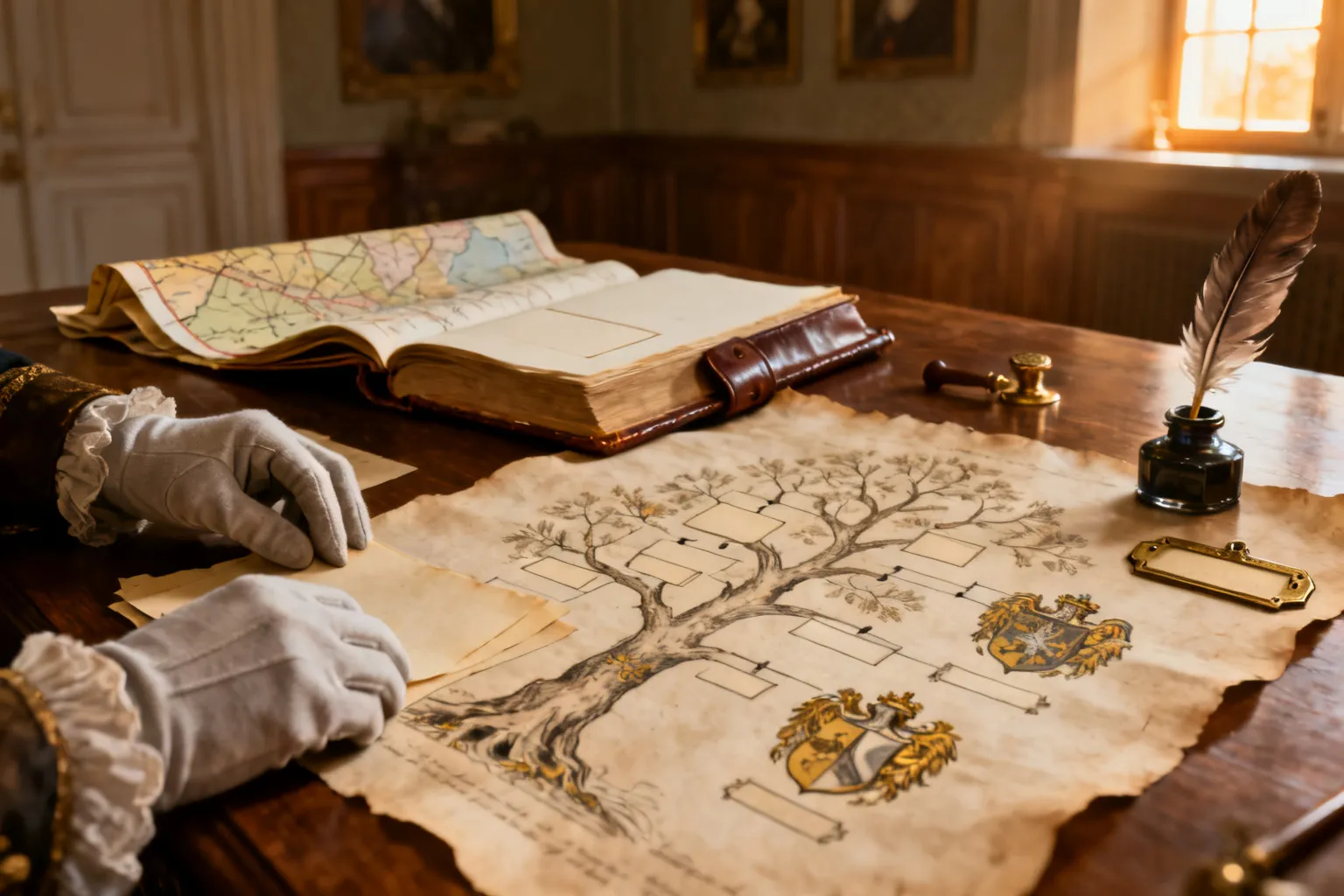 Detale historycznej genealogii książąt opolskich: zwoje i drzewo genealogiczne na stole, pióro, lupka i rękawiczki w ciepłym wnętrzu dworku