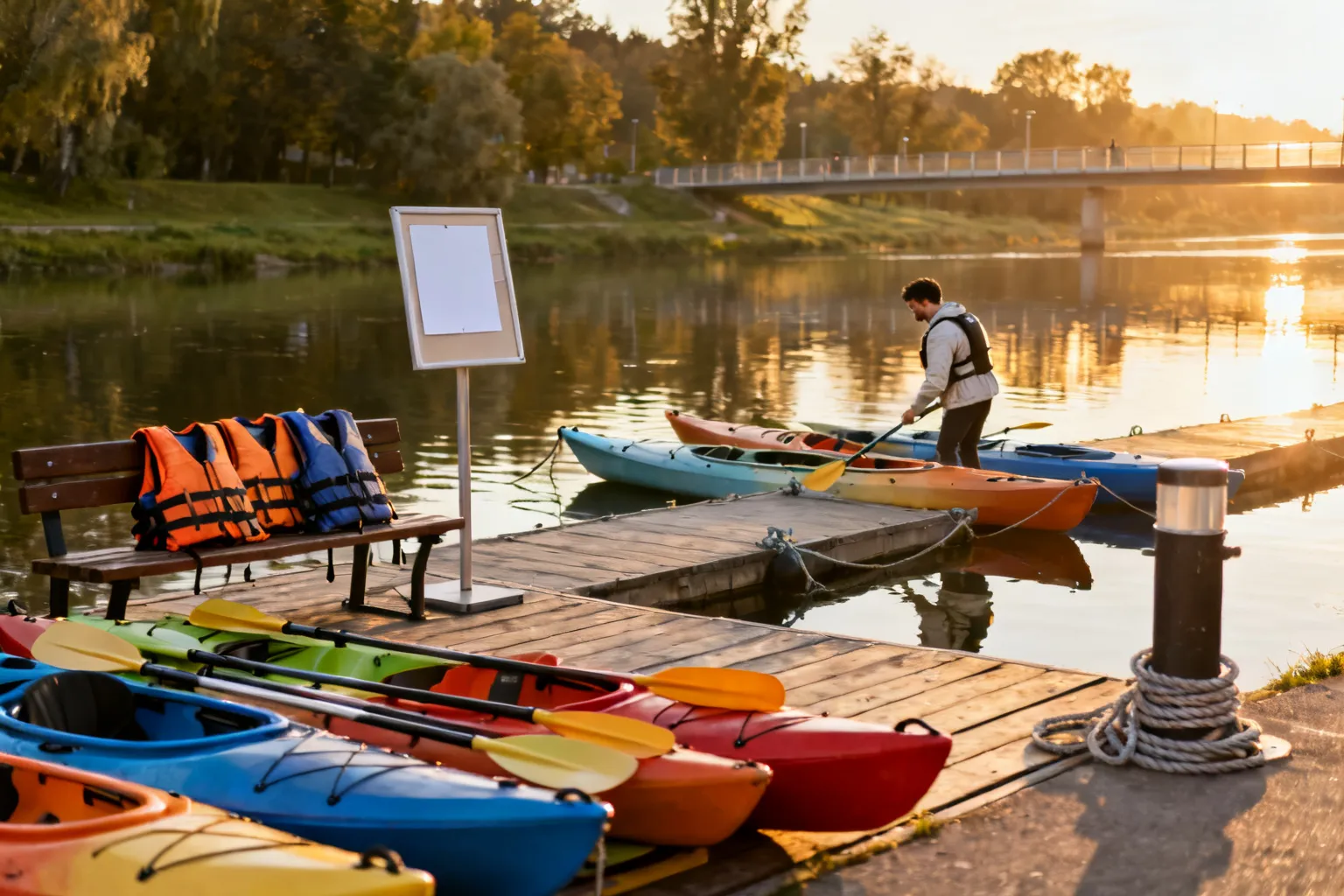Tętniąca złotym światłem przystań kajakowa w Opolu: poukładane kolorowe kajaki na pomoście, jedna osoba szykuje się do wypłynięcia.