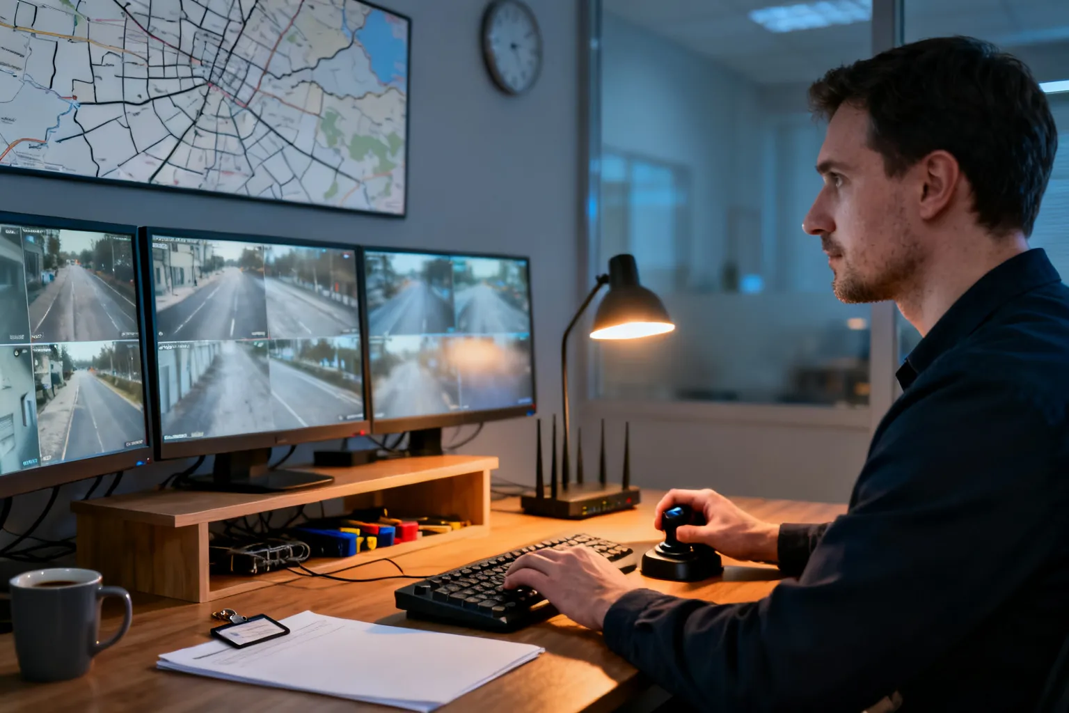 Technik obsługuje stanowisko monitoringu miejskiego: wiele ekranów z widokami ulic, klawiatura i joystick na biurku.