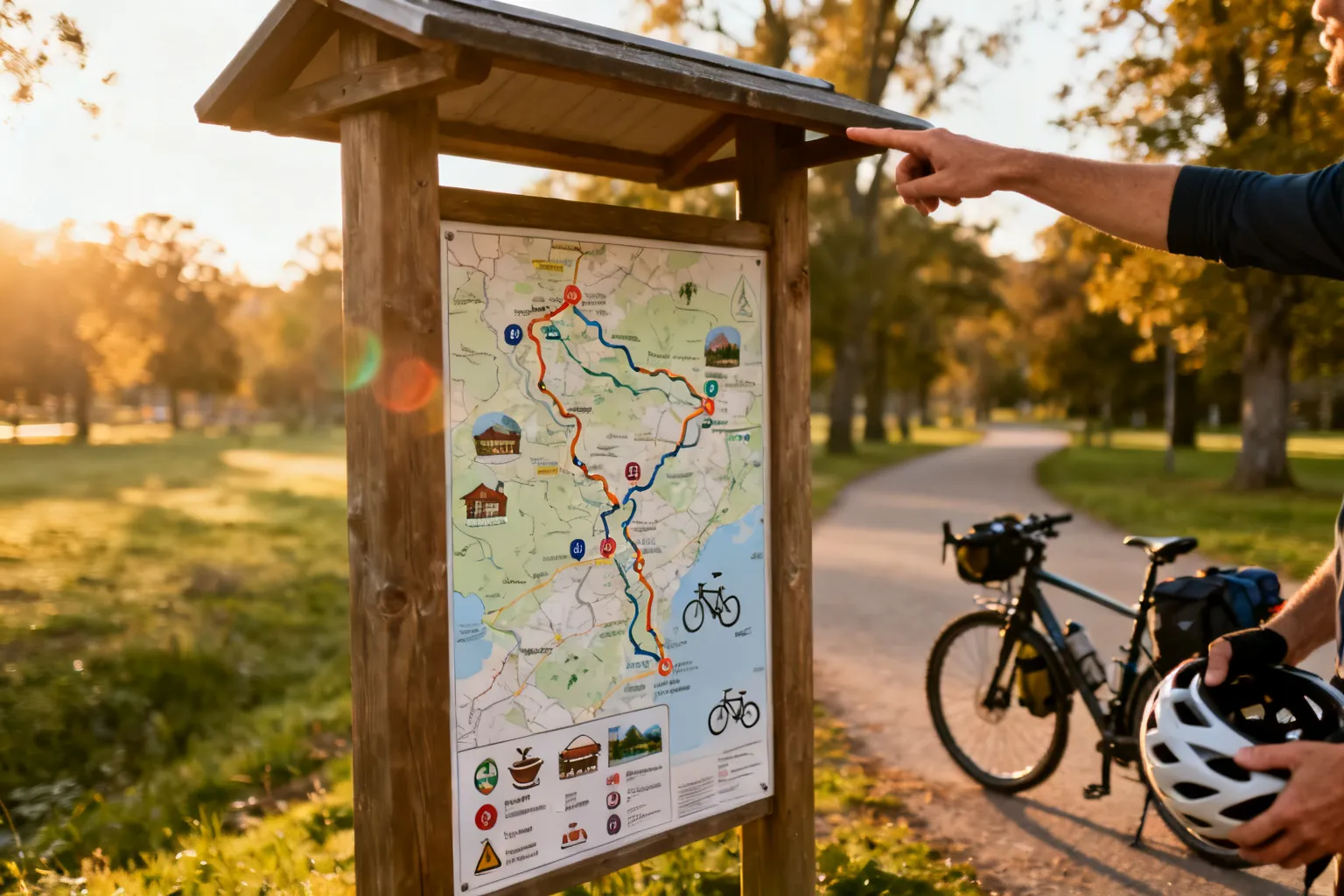 Miejscowa mapa tras rowerowych przy wejściu na szlak; dłoń wskazuje trasę, w tle rower i zalesiona ścieżka.