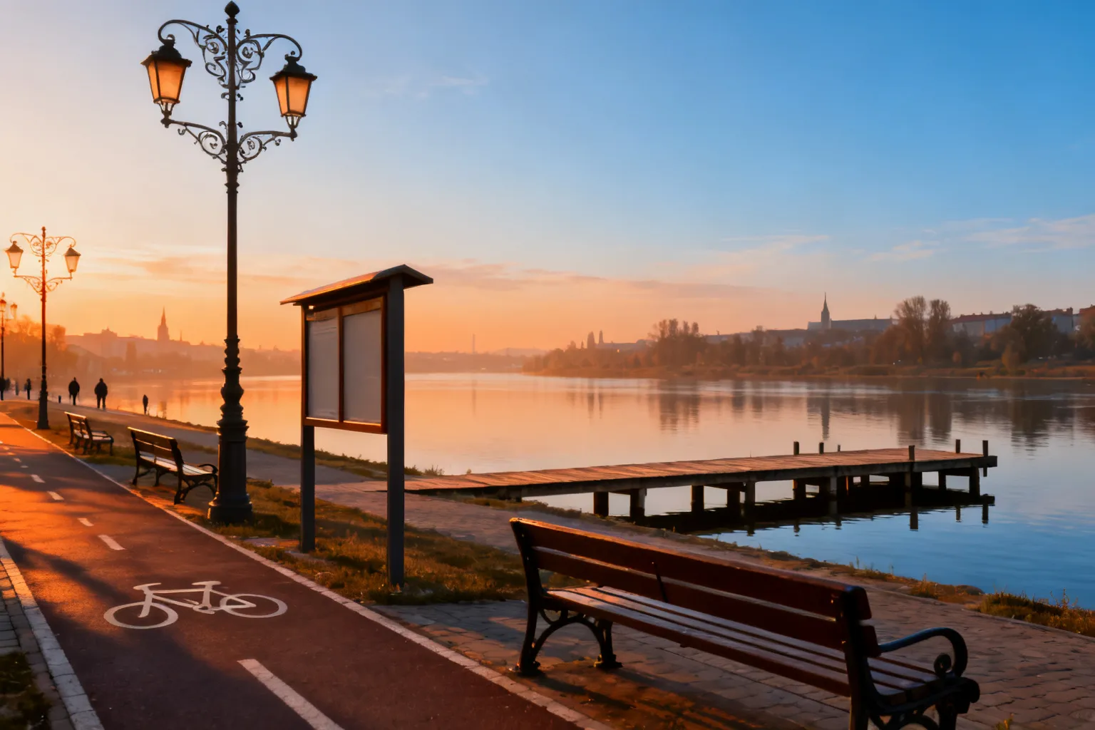 Spokojna opolska promenada nad Odrą o złotej godzinie: ławki, ścieżka rowerowa, molo i widok na rzekę zachęcające do spaceru.
