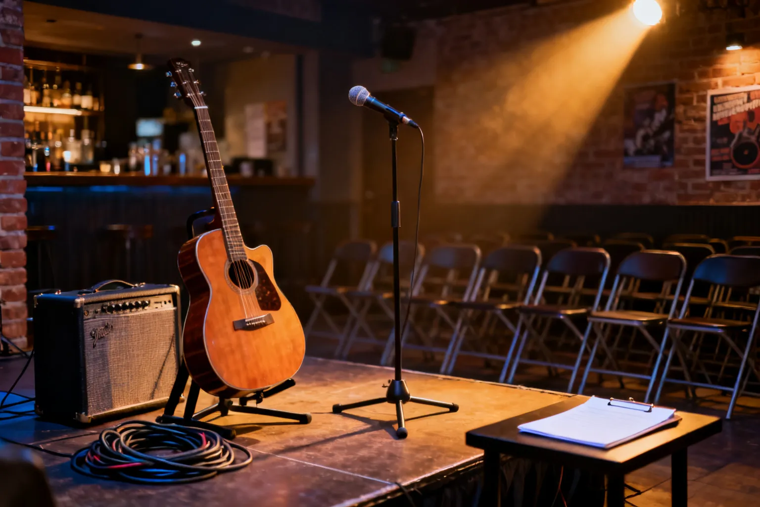 Opuszczona, kameralna scena klubu w Opolu z gitarą, wzmacniaczem i mikrofonem, gotowa na wieczorny koncert alternatywny